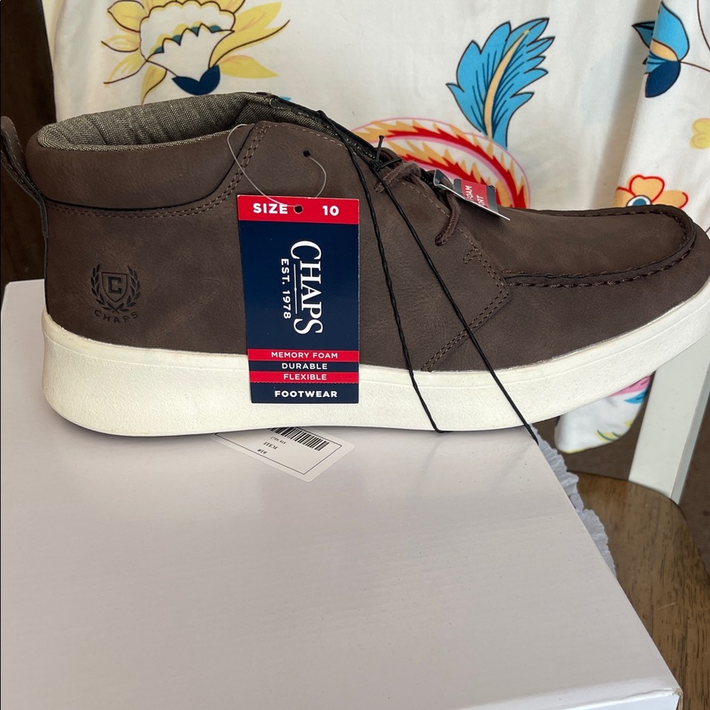 Chaps Brown Leather-Look Mid-Top Slip-On Sneakers with White Sole